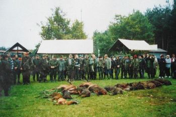 Pokot 2002r. Polowanie Hubertowskie w obw 117. Na pokocie 2 byki, 10 dzików i lis.